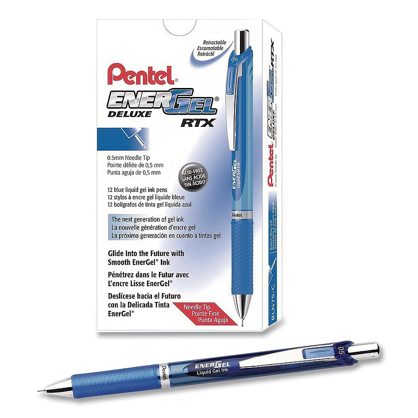 Pentel EnerGel RTX Deluxe Gel Pen, Retractable, Fine 0.5 mm, Blue Ink, Blue Barrel, Dozen (BLN75CDZ)