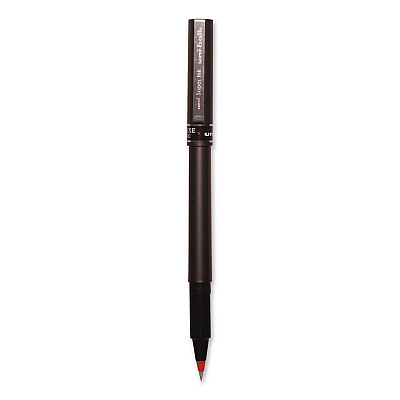 uniball Deluxe Rollerball Pen, Stick, Micro 0.5 mm, Red Ink, Metallic Gray/Black/Red Barrel (60026EA)