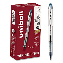 uniball VISION ELITE BLX Series Rollerball Pen, Stick, Bold 0.8 mm, Blue-Infused Black Ink, White/Blue/Clear Barrel, Dozen (61232DZ)