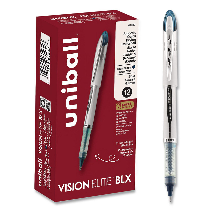 uniball VISION ELITE BLX Series Rollerball Pen, Stick, Bold 0.8 mm, Blue-Infused Black Ink, White/Blue/Clear Barrel, Dozen (61232DZ)