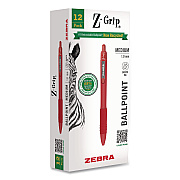 Zebra Z-Grip Recycled Retractable Ballpoint Pen, Medium 1 mm, Red Ink, Red Barrel, Dozen (20630)