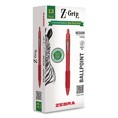 Zebra Z-Grip Recycled Retractable Ballpoint Pen, Medium 1 mm, Red Ink, Red Barrel, Dozen (20630)