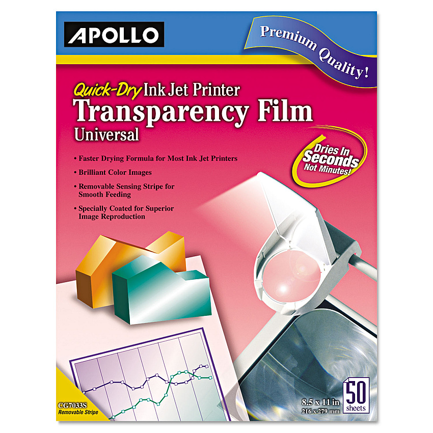 Apollo Quick-Dry Color Inkjet Transparency Film, 8.5 x 11, 50/Box (APOCG7033S)