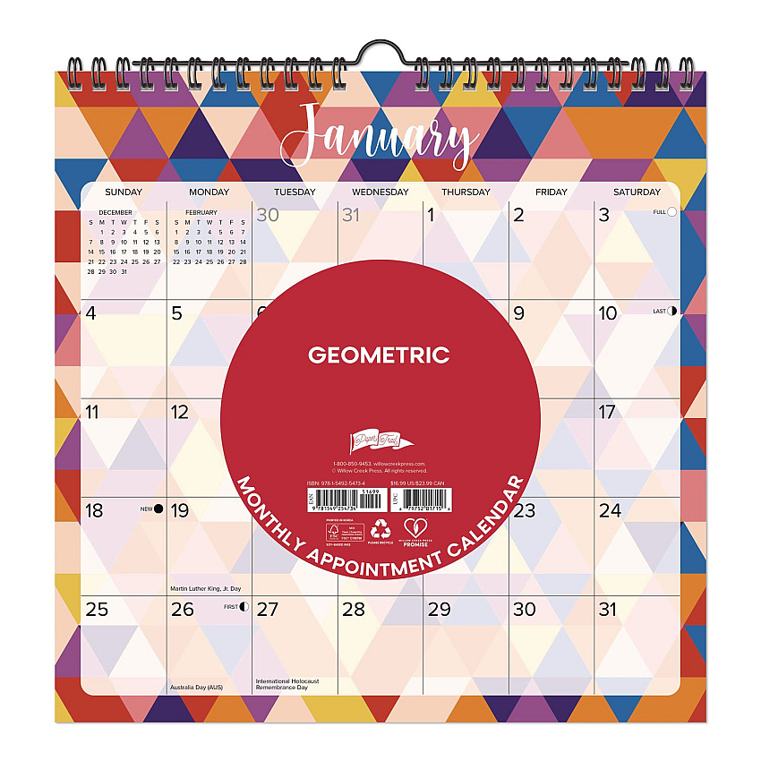 Geometric 2026 Spiral Wall Calendar, Geometric Artwork, 12 x 12, Multicolor Sheets, 12-Month (Jan to Dec): 2026 (54734)