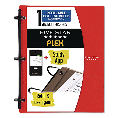 Five Star FLEX Notebinder, 1/2" TechLock Rings, 1-Subject, Medium/College Rule, Randomly Assorted Cover Colors, (80) 11 x 8.5 Sheets (08120)