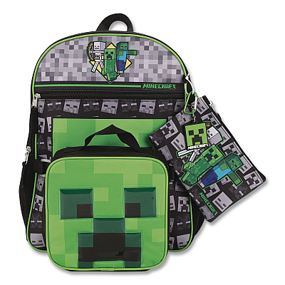 Bioworld Minecraft 5-Piece Backpack Set, Green/Gray/Black (B1Y7UR9MNCSB)