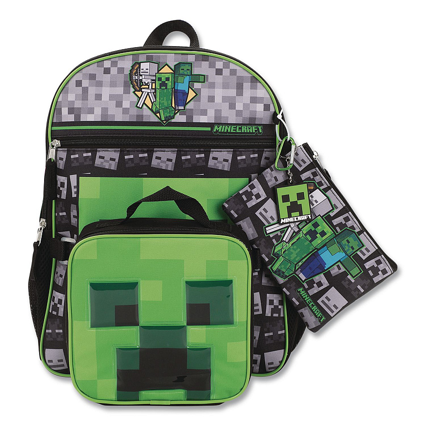 Bioworld Minecraft 5-Piece Backpack Set, Green/Gray/Black (B1Y7UR9MNCSB)