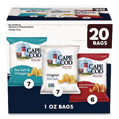 CAPE COD Gluten-Free Potato Chips Variety Pack, Sea Salt and Vinegar/Sweet Mesquite Barbeque/Original Sea Salt, 1 oz Bag, 20/Carton (SNY00342)