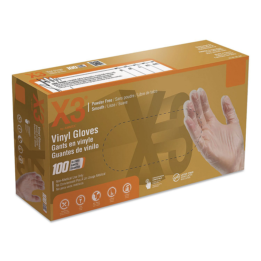 X3 by AMMEX Industrial Vinyl Gloves, Powder-Free, Medium, 3 mil Thick, 9.5" Long, Clear, 100/Box (GPX344100)