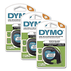 DYMO LetraTag Plastic Labels, 0.5" x 13 ft, White, 3 Cassettes/Pack (2156092)