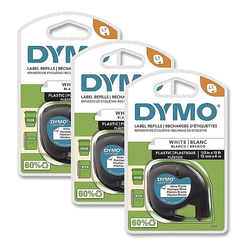 DYMO LetraTag Plastic Labels, 0.5" x 13 ft, White, 3 Cassettes/Pack (2156092)