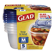 Glad Soup and Salad Containers, Medium Rectangle, 24 oz, 6.49 x 4.86 x 2.98, Clear/Bue, Plastic, 5/Pack (60796PK)