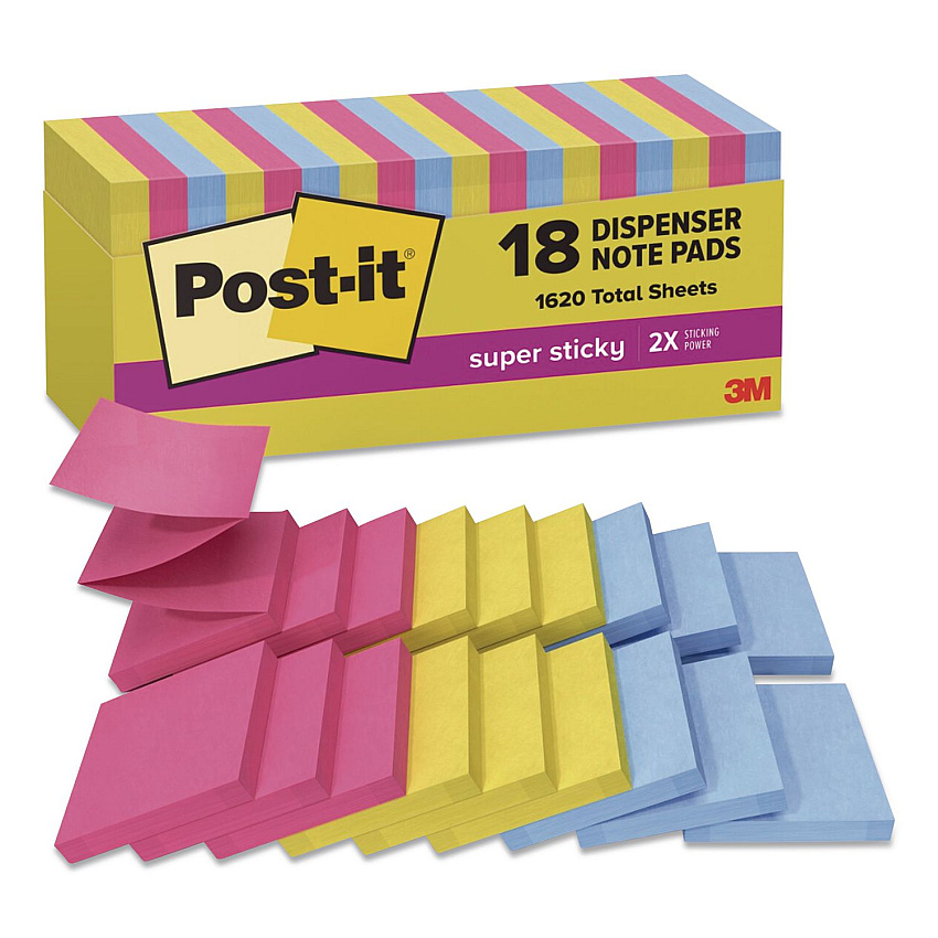 Post-it Pop-up Notes Super Sticky Pop-up Notes Summer Joy Collection Colors, Cabinet Pack, 3" x 3", Assorted Colors, 90 Sheets/Pad, 18 Pads/Pack (R33018SSJOYC)