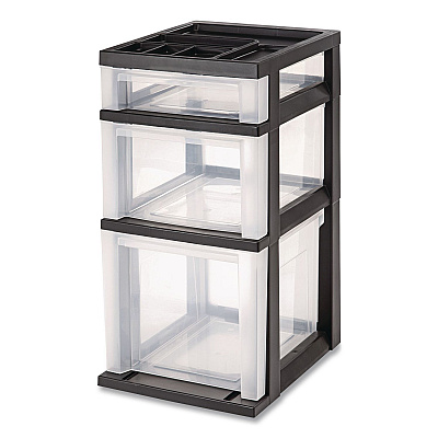IRIS Three-Drawer Stand with Plastic Organizer Top, Plastic, 12.08 x 14.87 x 24, Clear/Black (270014115026)