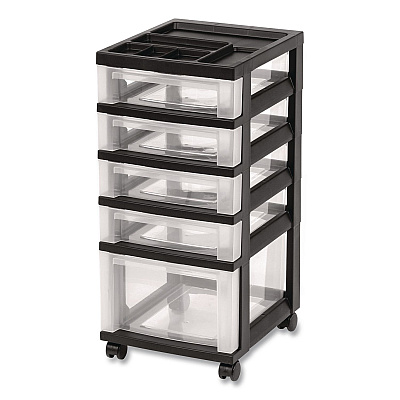 IRIS Five-Drawer Rolling Cart with Organizer Top, Plastic, 12.13 x 14.38 x 26.38, Clear/Black (270015116865)