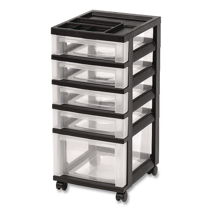 IRIS Five-Drawer Rolling Cart with Organizer Top, Plastic, 12.13 x 14.38 x 26.38, Clear/Black (270015116865)