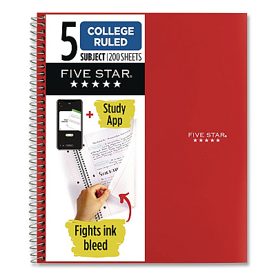 Five Star Wirebound Notebook, 5-Subject, Medium/College Rule, Fire Red Cover, (200) 11 x 8.5 Sheets (72077)