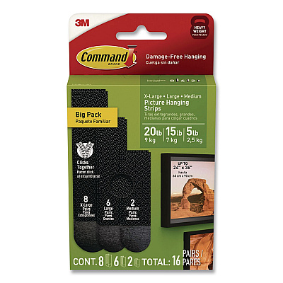 Command Damage-Free Hanging Picture Hanging Strip Pairs, (8) XL (0.86 x 4.37), (6) L (0.75" x 3.65"), (2) Med (0.75 x 2.75), Black (17218BLK16ES)