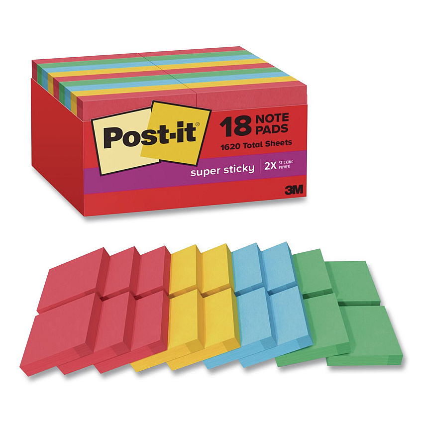 Post-it Notes Super Sticky Pads in Playful Primary Collection Colors, 1.88" x 1.88", Assorted Colors, 90 Sheets/Pad, 18 Pads/Pack (62218SSANCP)