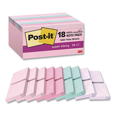 Post-it Notes Super Sticky Recycled Notes in Wanderlust Pastels Collection Colors, 1.88" x 1.88", Assorted Colors, 70 Sheets/Pad, 18 Pads/Pack (62218SSNRPCP)