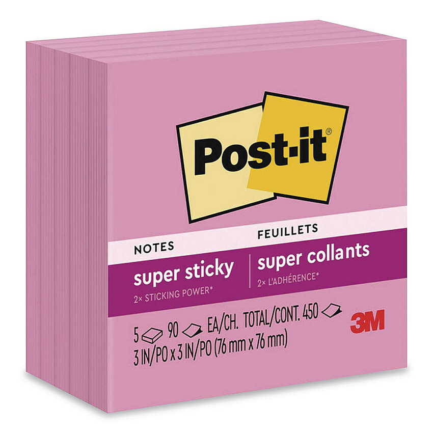 Post-it Notes Super Sticky Pads in Energy Boost Colors, 3" x 3", Tropical Pink, 90 Sheets/Pad, 5 Pads/Pack (6545SSNP)
