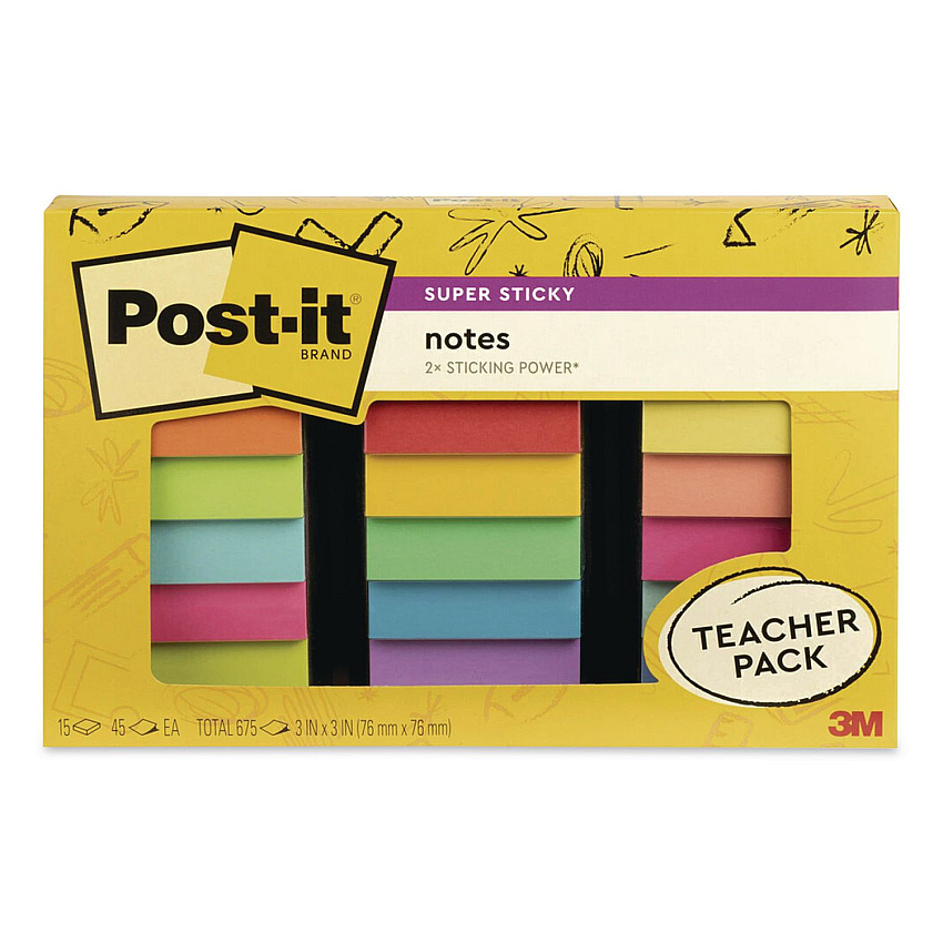 Post-it Notes Super Sticky Pads in Assorted Collection Colors, Teacher's Pack, 3" x 3", Assorted Colors, 45 Sheets/Pad, 15 Pads/Pack (65415SSBTSSR)
