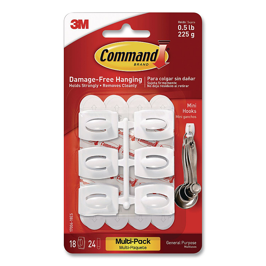 Command Mini Hooks, Plastic, White, Supports 0.5 lb, 18/Pack (17006VP)