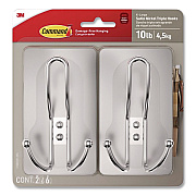 Command Decorative X-Large Triple Hooks, Metal, Satin Nickel, Supports 10 lb, 2/Pack (17038N2ES)