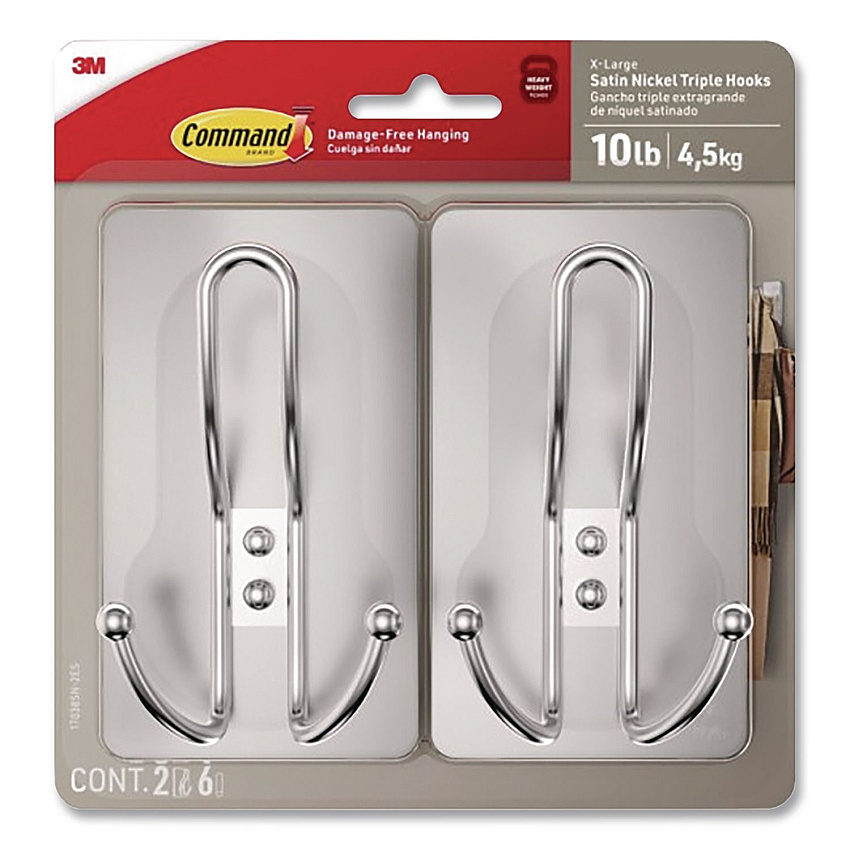 Command Decorative X-Large Triple Hooks, Metal, Satin Nickel, Supports 10 lb, 2/Pack (17038N2ES)