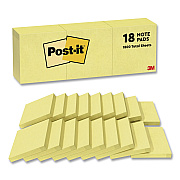 Post-it Notes Original Pads in Canary Yellow, Note Ruled, 3" x 3", 100 Sheets/Pad, 18 Pads/Pack (654144YW)