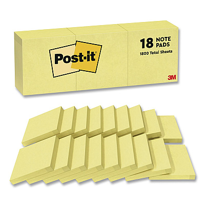 Post-it Notes Original Pads in Canary Yellow, Note Ruled, 3" x 3", 100 Sheets/Pad, 18 Pads/Pack (654144YW)