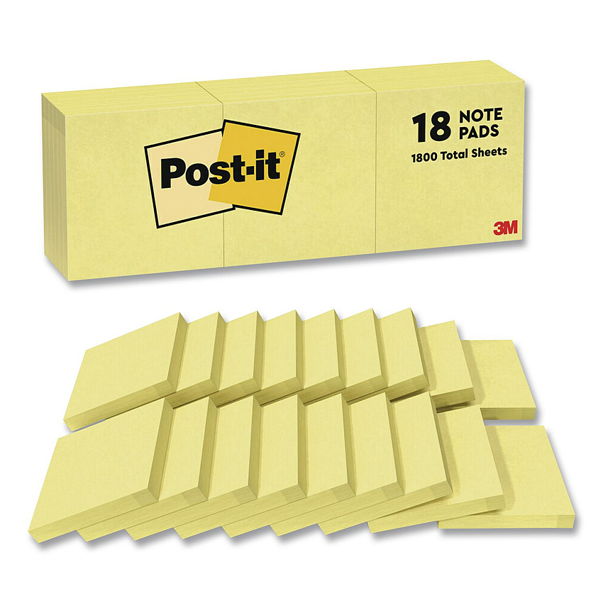 Post-it Notes Original Pads in Canary Yellow, Note Ruled, 3" x 3", 100 Sheets/Pad, 18 Pads/Pack (654144YW)