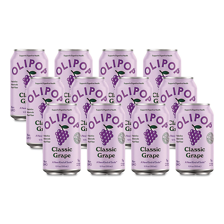 OLIPOP Prebiotic Soda, Classic Grape, 12 oz Can, 12/Carton (ICO70287)