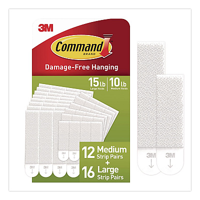 Command Damage-Free Hanging Picture Hanging Strip Pairs, (16) Large (0.75" x 3.65"), (12) Medium (0.63" x 2.75"), White, 28/Pack (MMM1720928ES)