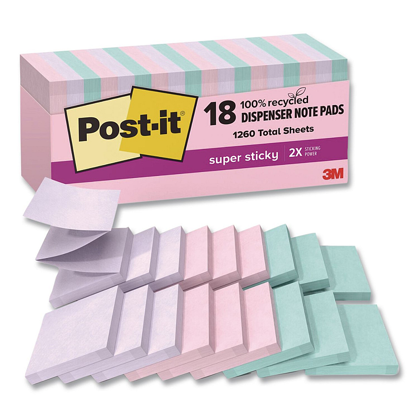Post-it Pop-up Notes Super Sticky Recycled Pop-up Notes in Wanderlust Pastel Colors, Cabinet Pack, 3" x 3", Assorted Colors, 70 Sheets/Pad, 18 Pads/Pack (R33018SSNRPC)