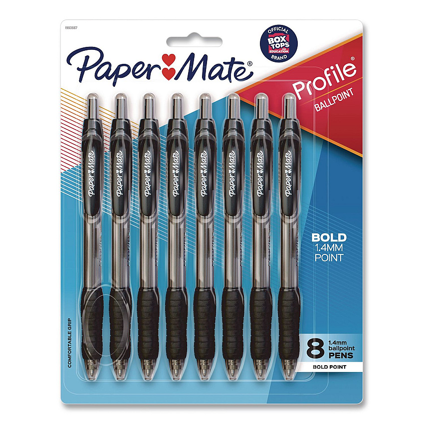 Paper Mate Profile Ballpoint Pen, Retractable, Bold 1.4 mm, Black Ink, Smoke/Black Barrel, 8/Pack (1960667)
