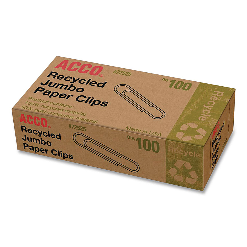 ACCO Recycled Jumbo Paper Clips, Smooth, Silver, 100/Box, 50 Boxes/Carton (72525CT)