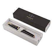 Parker IM Fountain Pen with Gift Box, Medium Fountain Nib, Blue Ink, Black Lacquer/Gold Barrel (1931645)