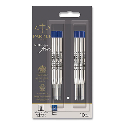 Quinkflow Refill for Parker Ballpoint Pen, Medium Conical Tip, Blue Ink, 10/Pack (2119154)