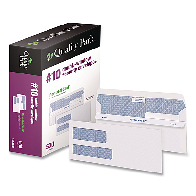 Quality Park Reveal-N-Seal Envelope, Security Tint, #10, Commercial Flap, Self-Adhesive Closure, 4.13 x 9.5, White, 500/Box (1014438)