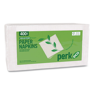 Perk Eco Recycled Paper Napkins, 1-Ply, 12.75 x 11.25, White, 400/Pack (PK63225)