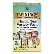 TWININGS Caffeine-Free Herbal Tea Bags Variety Pack, Individually Wrapped, Four Flavors, 0.06 oz Tea Bag, 20/Box (TNA51788)