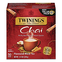 TWININGS Tea Bags, Chai Black Tea, 0.07 oz Tea Bag, 50/Box (TNA55503)