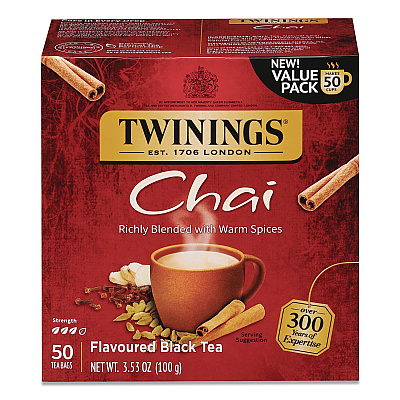TWININGS Tea Bags, Chai Black Tea, 0.07 oz Tea Bag, 50/Box (TNA55503)