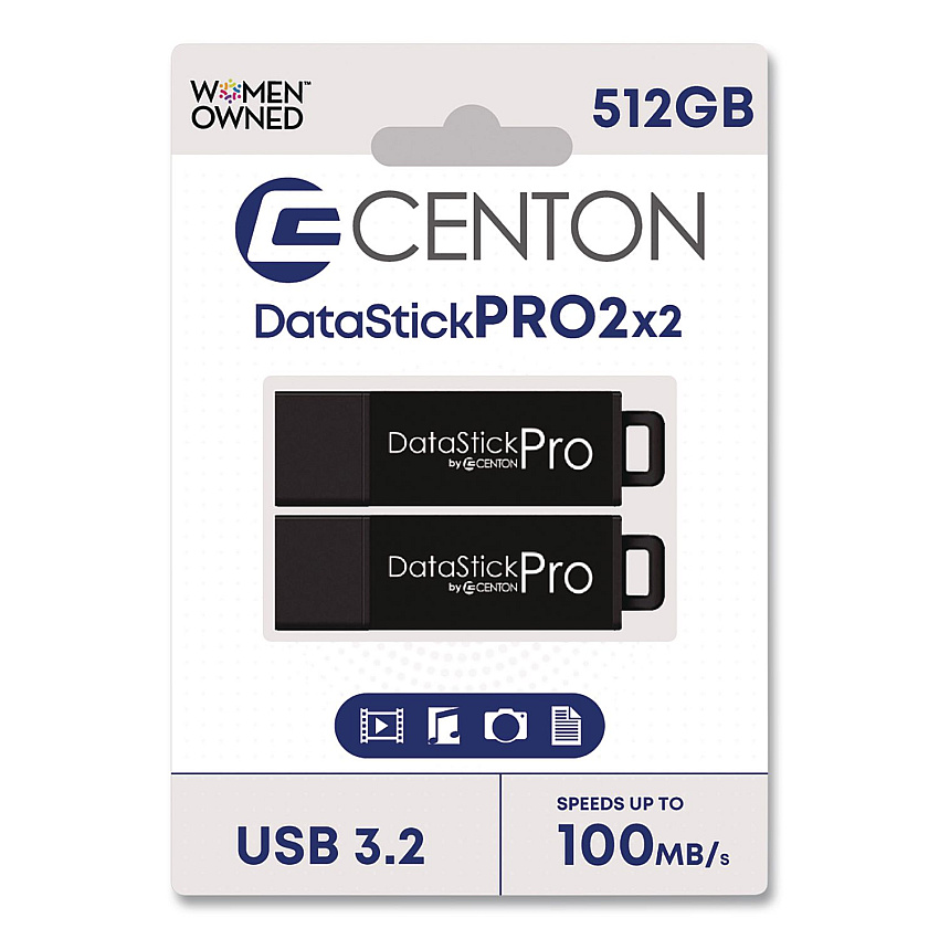 Centon DataStick Pro USB 3.2 Type A Flash Drive, 512 GB, Black, 2/Pack (S1U3P6512G2)