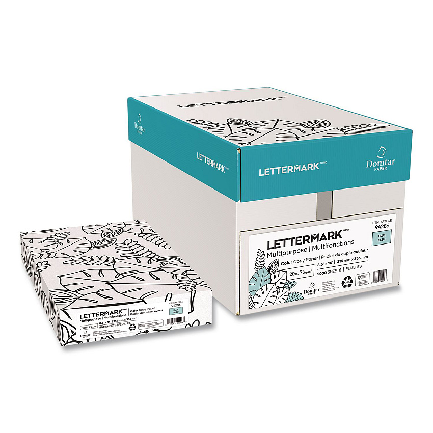 Lettermark Colors 30% Recycled Multipurpose Color Paper, 20 lb Bond Weight, 8.5 x 14, Blue, 500 Sheets/Ream, 10 Reams/Carton (94286RMCT)