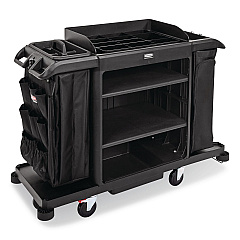 Rubbermaid Commercial Full Size Housekeeping Cart with Accessory Bundle, Resin, 3 Shelves, 2 Bins, 24.4 x 62.4 x 49, Black (2202527)