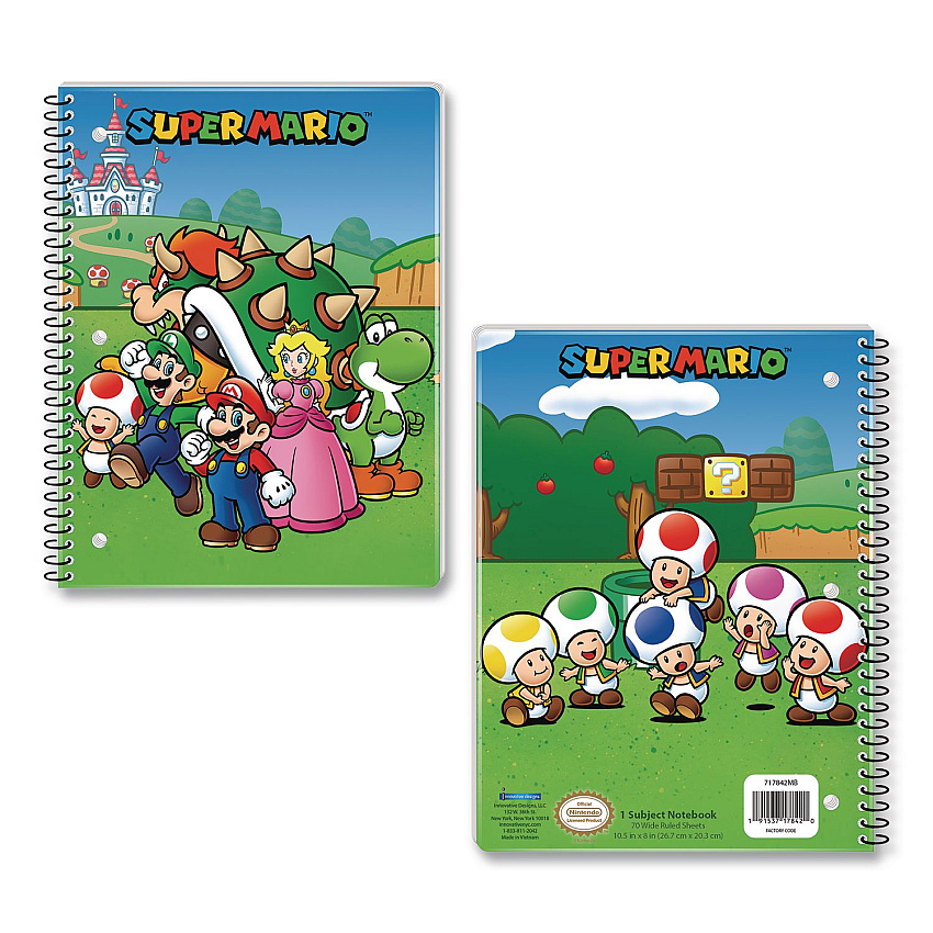 Innovative Designs Licensed Spiral Notebook, Super Mario, 1-Subject, Wide/Legal Rule, Multicolor Cover, (70) 10.5 x 8 Sheets (717842MBSA)