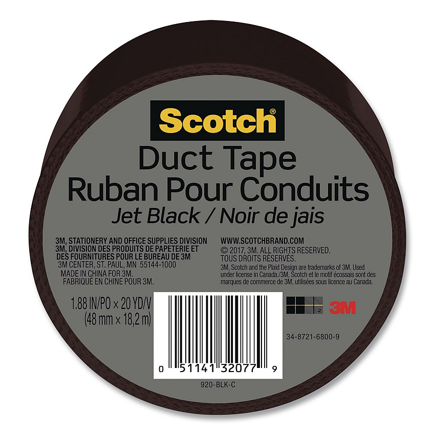 Scotch Duct Tape, 3" Core, 1.88" x 20 yds, Jet Black (920BLKC)