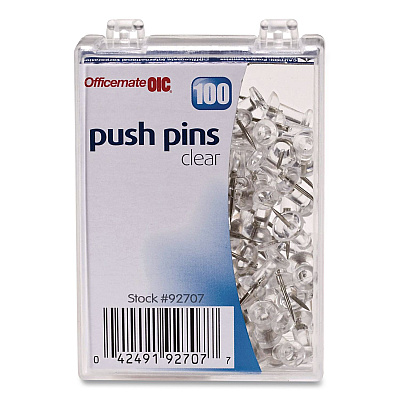Officemate Push Pins, Clear Plastic Head, 0.5" Pin, 100/Box (378820)